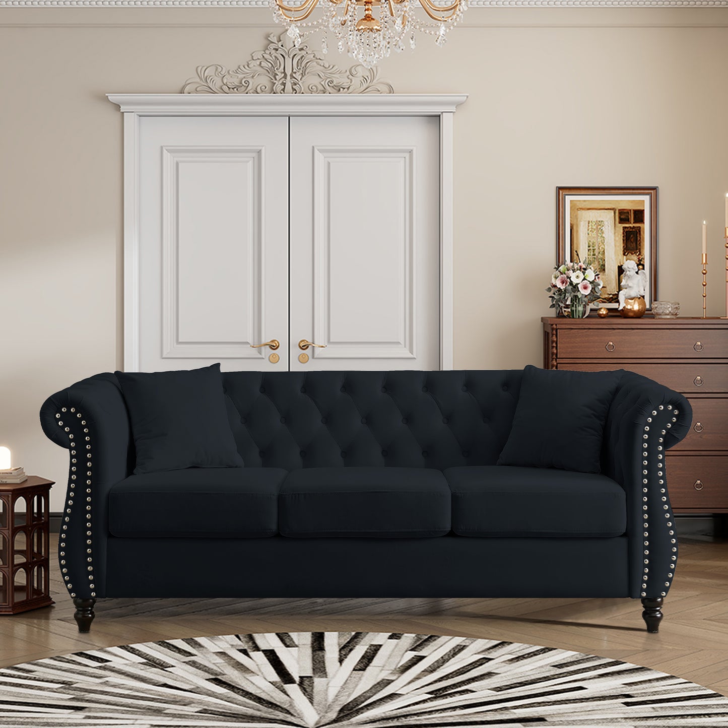 Mid-Century 80"L Couch, Upholstered 3-Seat Couches and Sofas with Thicked Cushions,Black