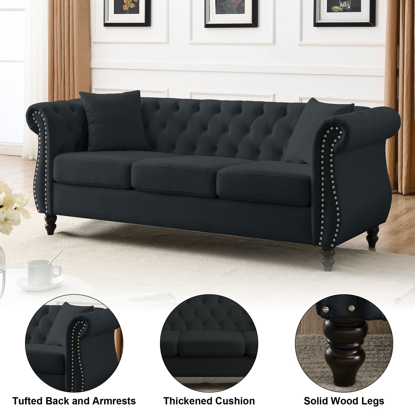 Mid-Century 80"L Couch, Upholstered 3-Seat Couches and Sofas with Thicked Cushions,Black