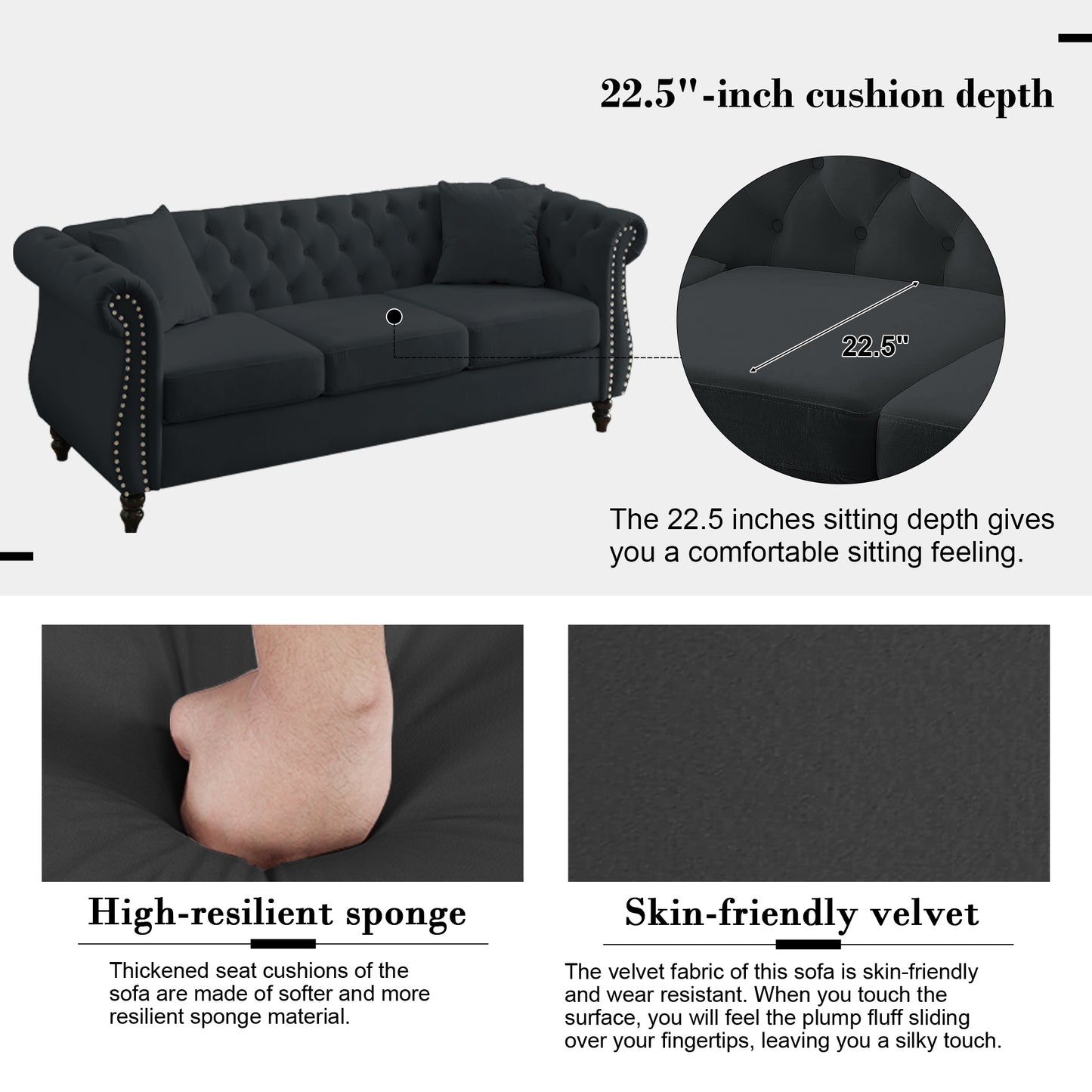 Mid-Century 80"L Couch, Upholstered 3-Seat Couches and Sofas with Thicked Cushions,Black