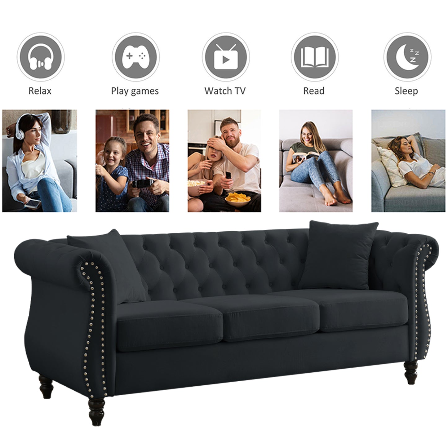 Mid-Century 80"L Couch, Upholstered 3-Seat Couches and Sofas with Thicked Cushions,Black