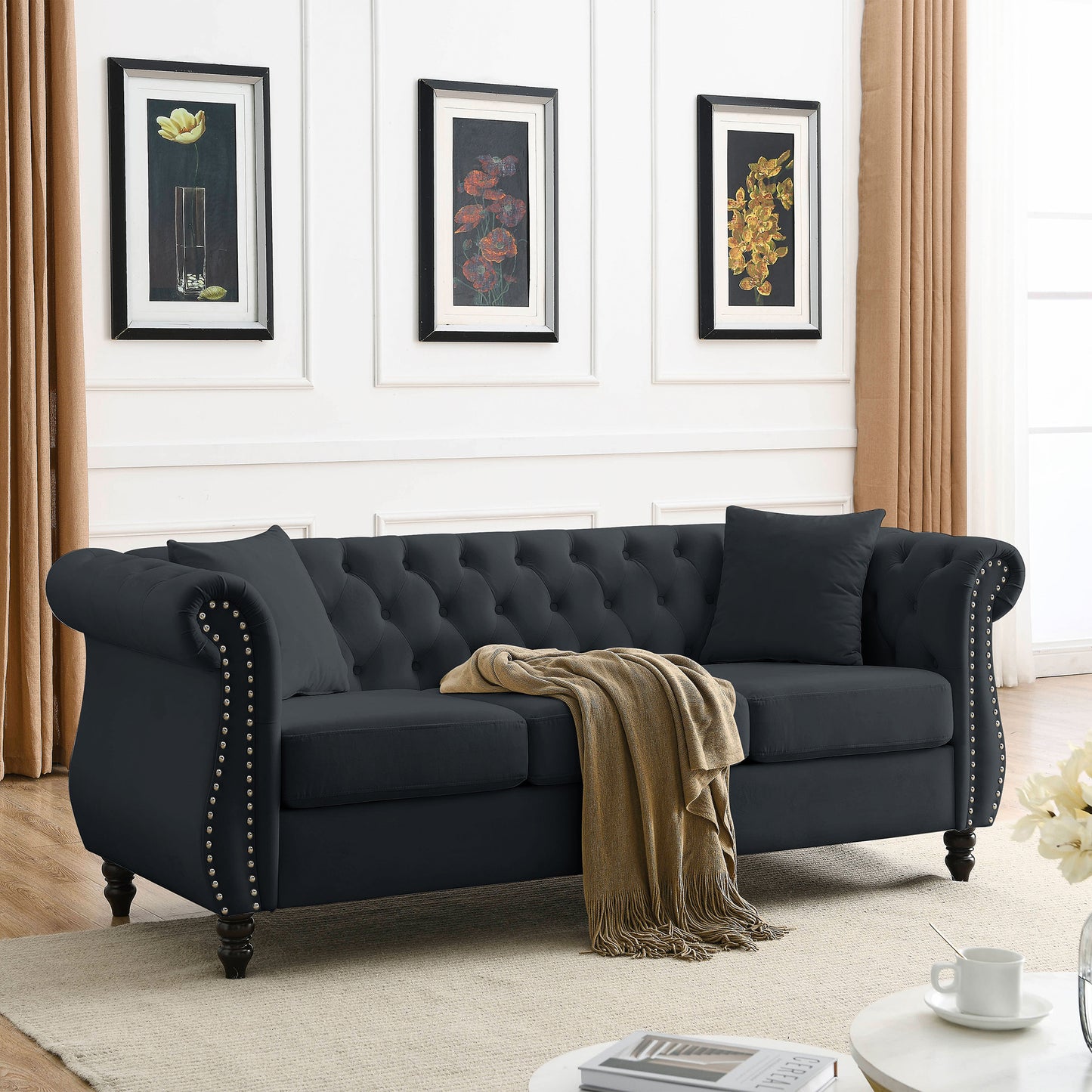 Mid-Century 80"L Couch, Upholstered 3-Seat Couches and Sofas with Thicked Cushions,Black